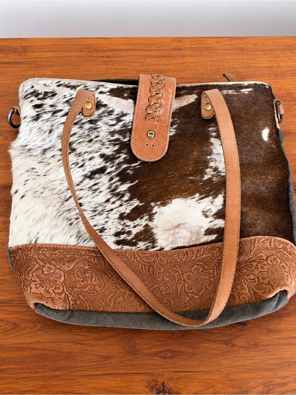 Myra Bag Brown and White Cowhide Shoulder Bag with Tooled Leather Trim